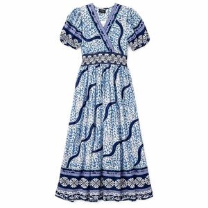 Gracia Boho Print Maxi Dress Smocked Waist Puff Sleeve V-Neck Blue White S NWT